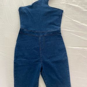 Mid Blue Wash One Shoulder Cycling Short Unitard